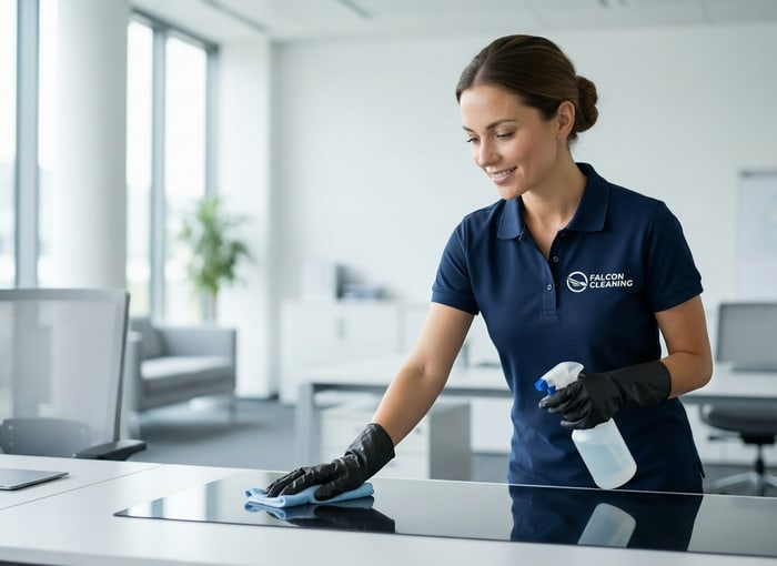 Falcon Cleaning Mitarbeiterin bei der Büroreinigung: Desinfektion und Reinigung eines Schreibtisches in einem modernen Büro