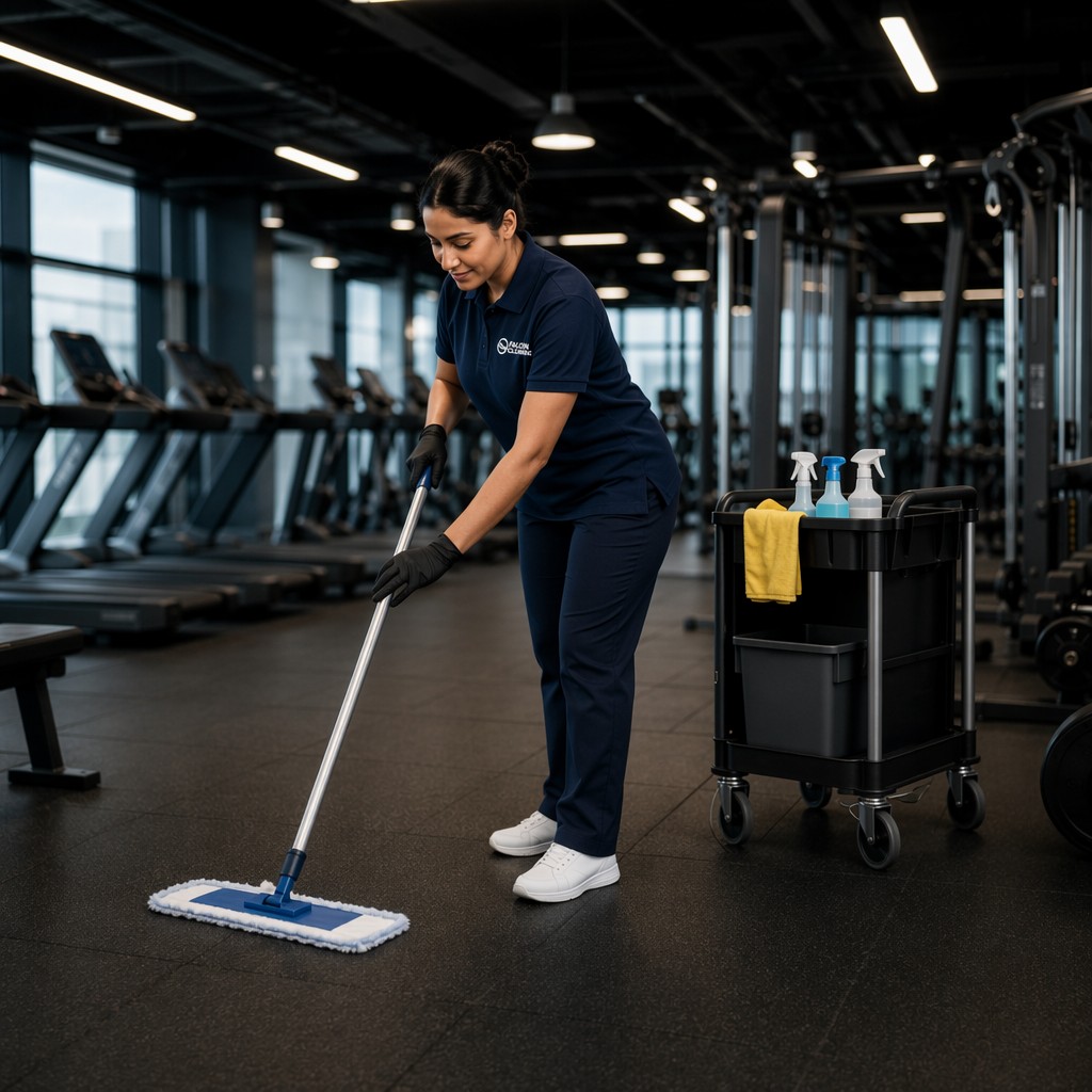Falcon Cleaning Mitarbeiterin bei der Fitnessstudioreinigung: Bodenreinigung im Trainingsbereich eines modernen Fitnessstudios