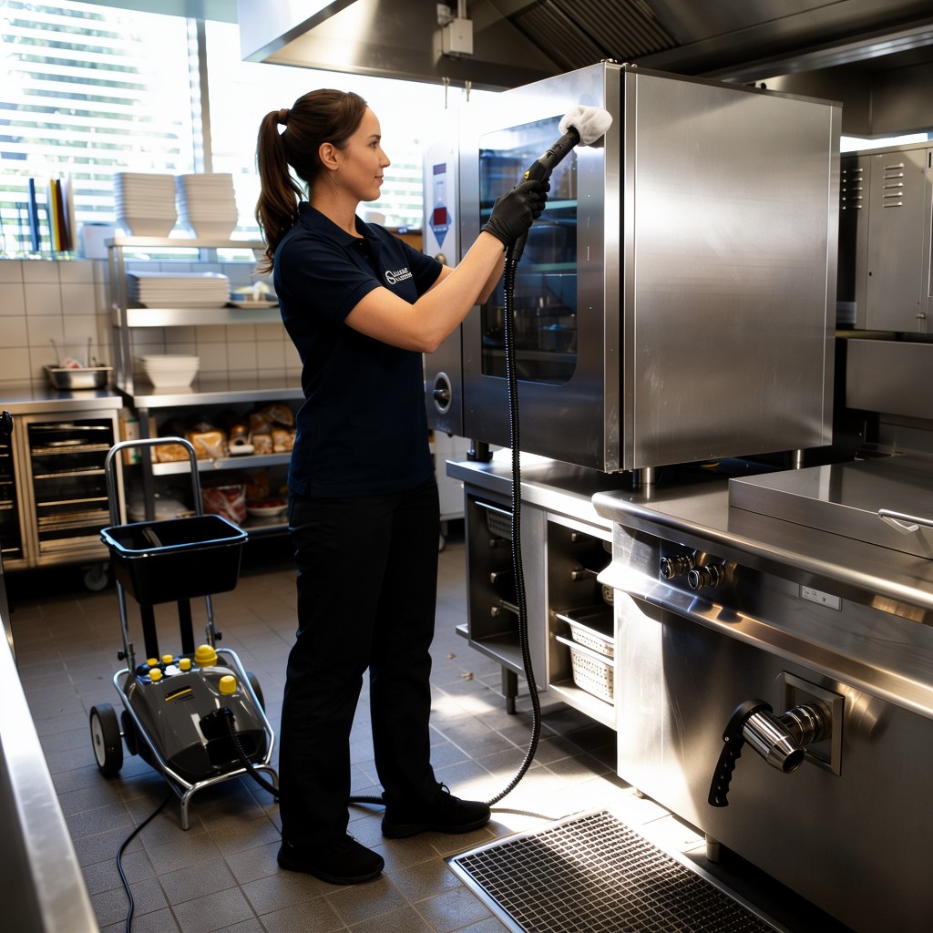Falcon Cleaning Mitarbeiterin bei der Gastronomiereinigung: Reinigung eines Edelstahlofens mit Dampfreiniger in einer modernen Gewerbeküche