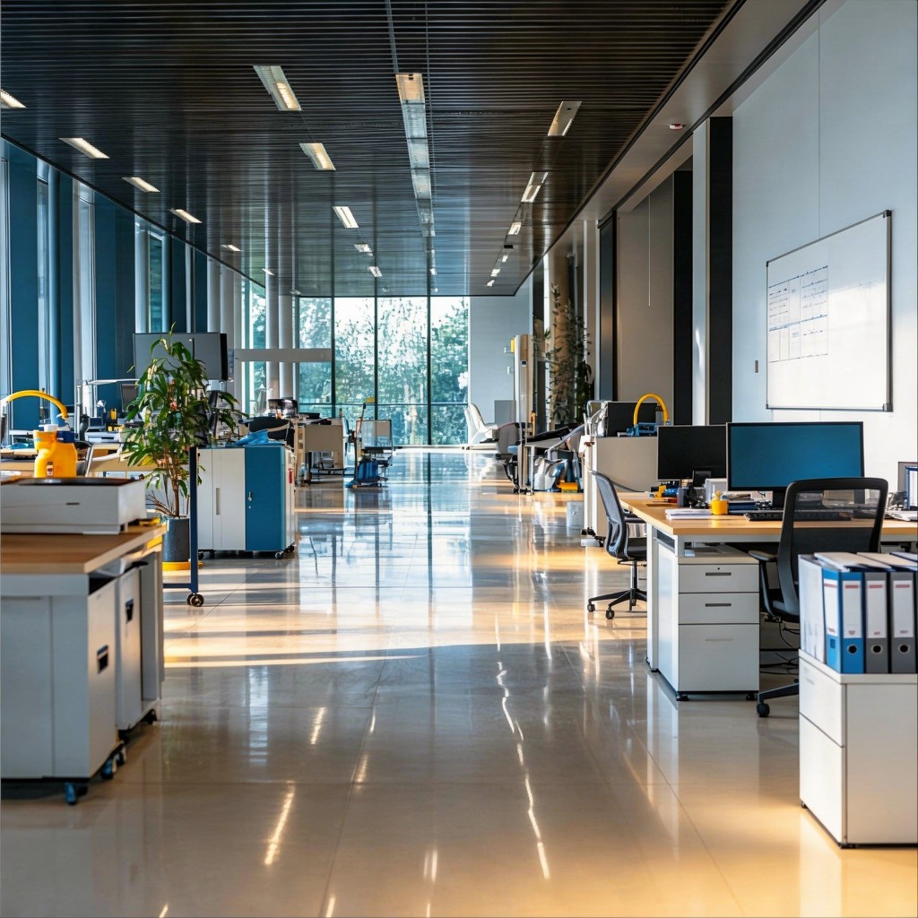 Modernes, glänzend gereinigtes Büro mit Blick durch den Flur