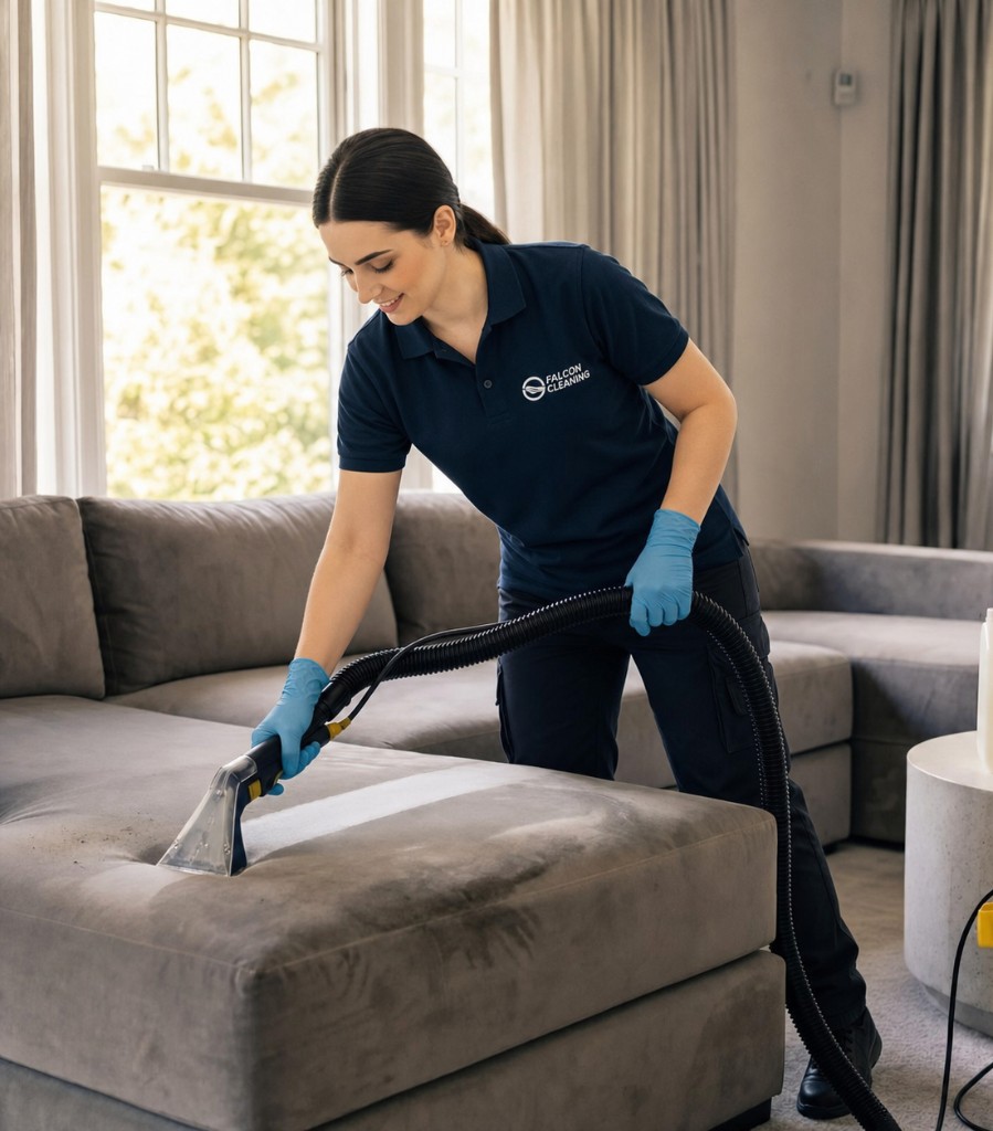 Falcon Cleaning Mitarbeiterin bei der Polsterreinigung: Tiefenreinigung eines Stoffsofas mit Extraktionsgerät