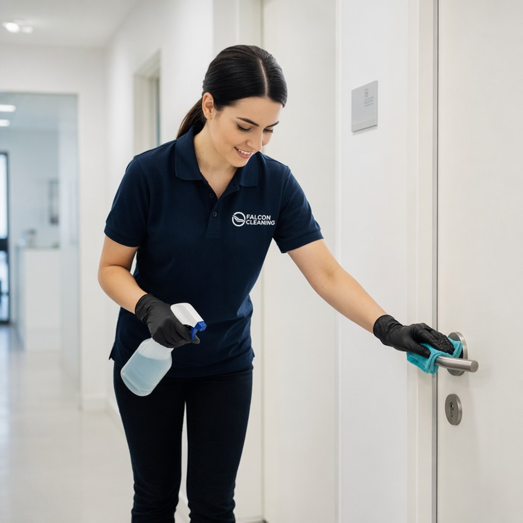 Falcon Cleaning Mitarbeiterin bei der Praxisreinigung: Desinfektion eines Türgriffs in einem medizinischen Flur