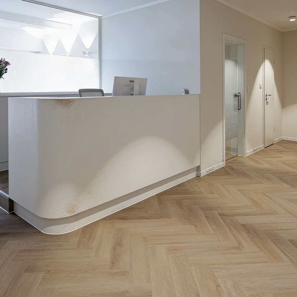 Praxisrezeption vor der Reinigung: sichtbare Verschmutzungen am Empfangstresen