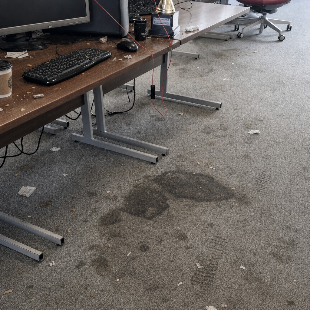 Büroarbeitsplatz vor der Reinigung: verschmutzter Teppichboden mit Flecken und Abfall
