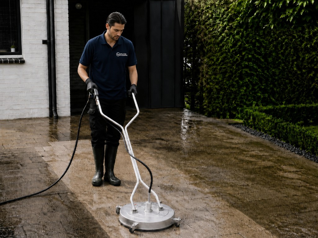 Falcon Cleaning Mitarbeiter bei der Steinreinigung: Reinigung einer Naturstein-Terrasse mit Flächenreiniger